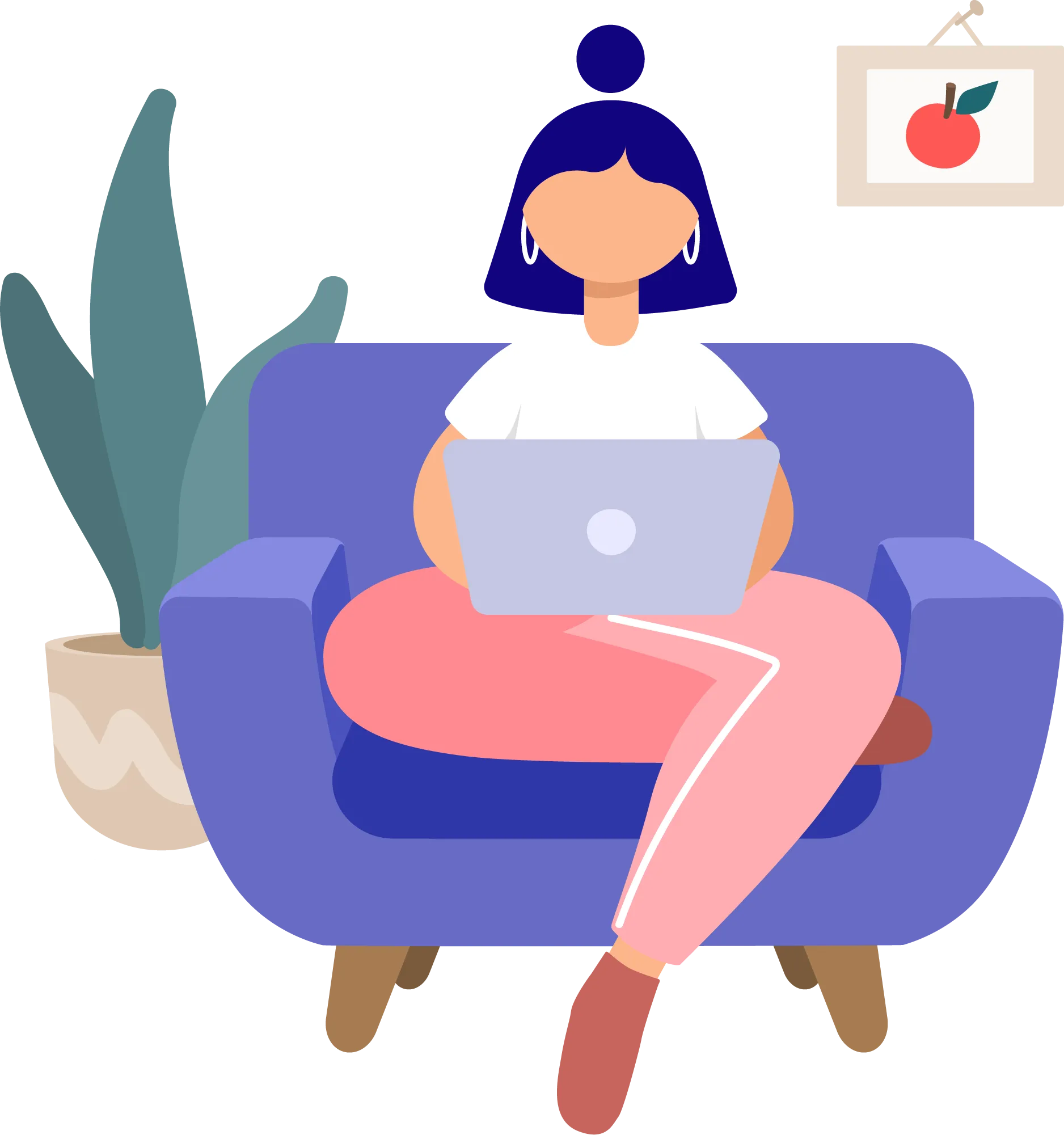 Illustration of a girl sitting on an armchair with a laptop